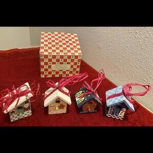 VINTAGE LOT 4 WOOD HAND PAINTED BIRDHOUSE ORNAMENTS #56540 SNOWMAN SANTA ANGEL